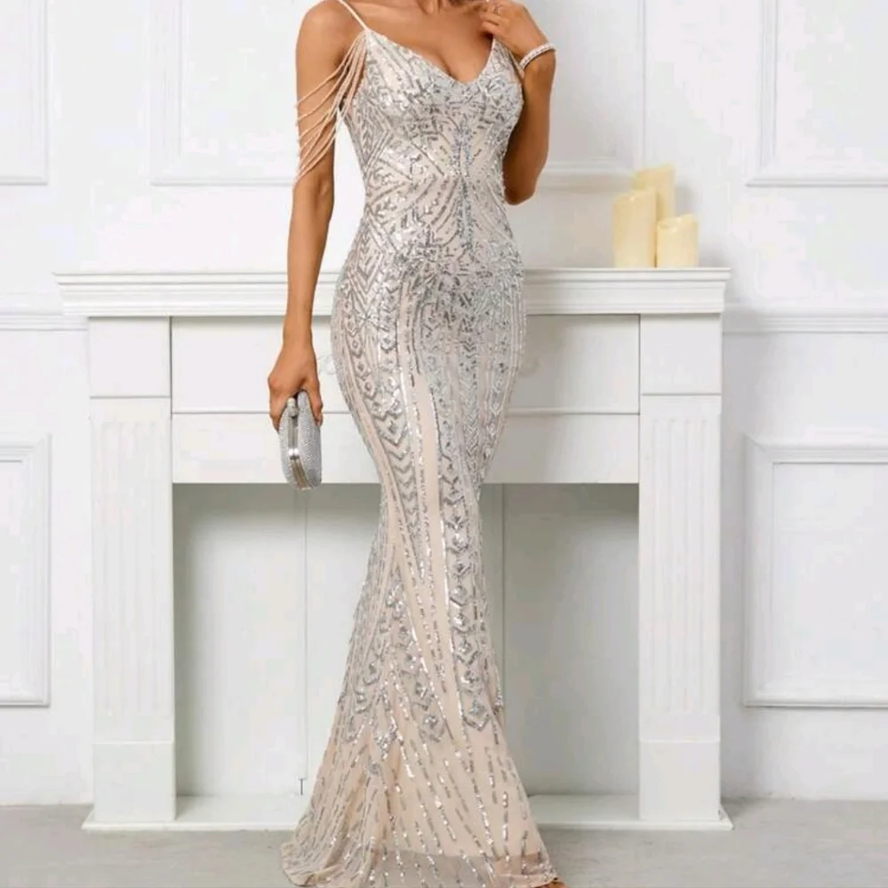 Silver, Backless, Cami,  Fringe Sleeves,  Contrast Sequined Mermaid Gown - Picture 8 of 16